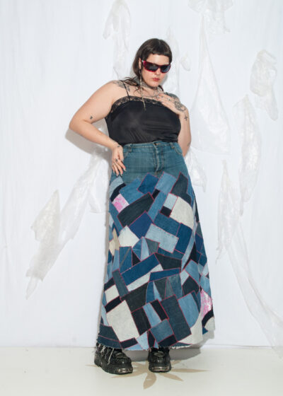Vintage Y2K Upcycled Patchwork Denim Maxi Skirt in Blue