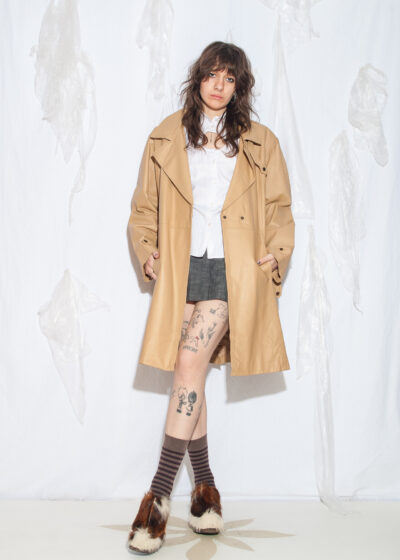 Vintage 90s Leather Duster Coat in Beige