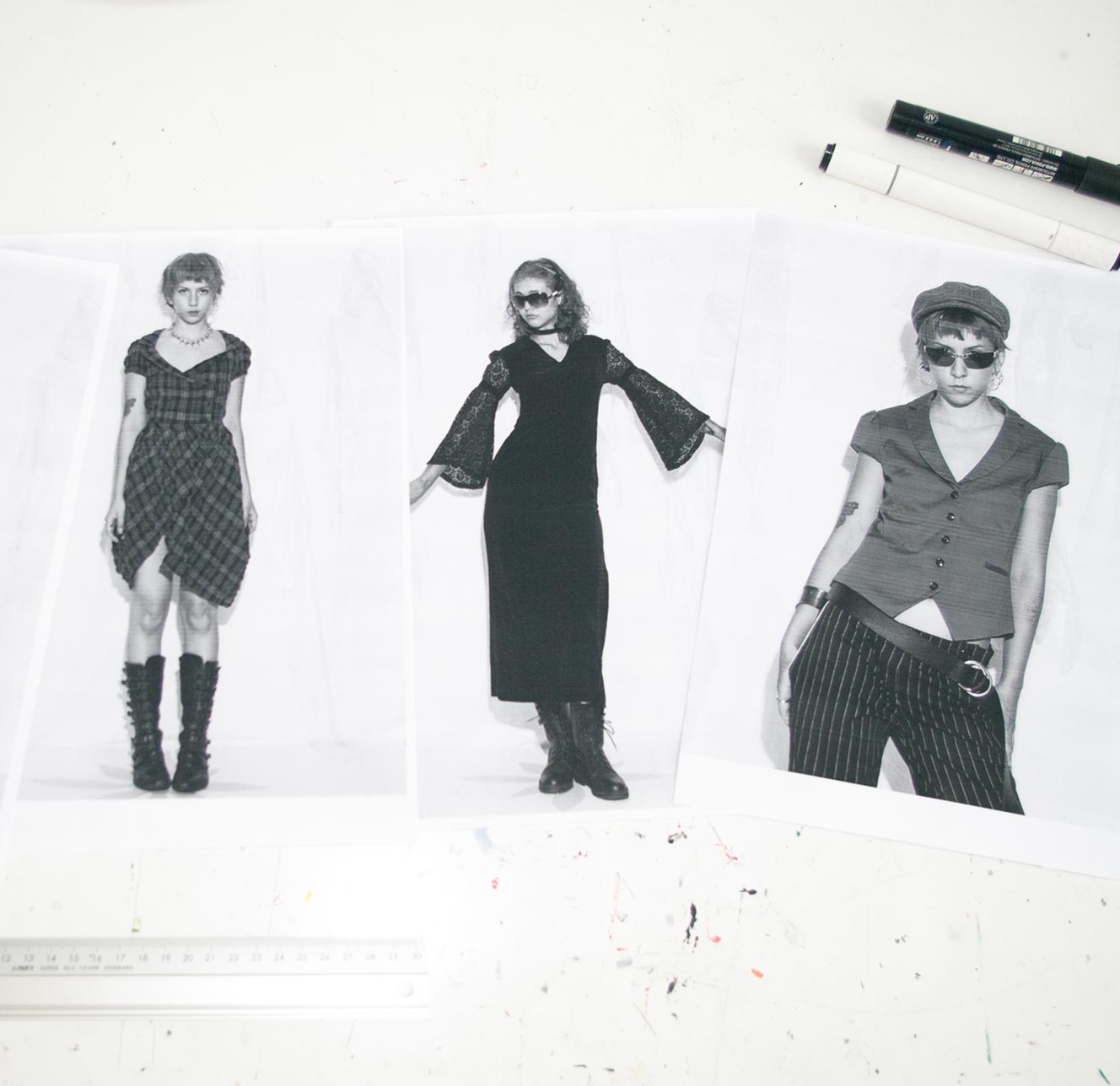 Black-and-white collage of models in vintage office wear, pinstripe trousers, gothic dresses and leather jackets for Pop Sick Vintage's Delusional Department collection.