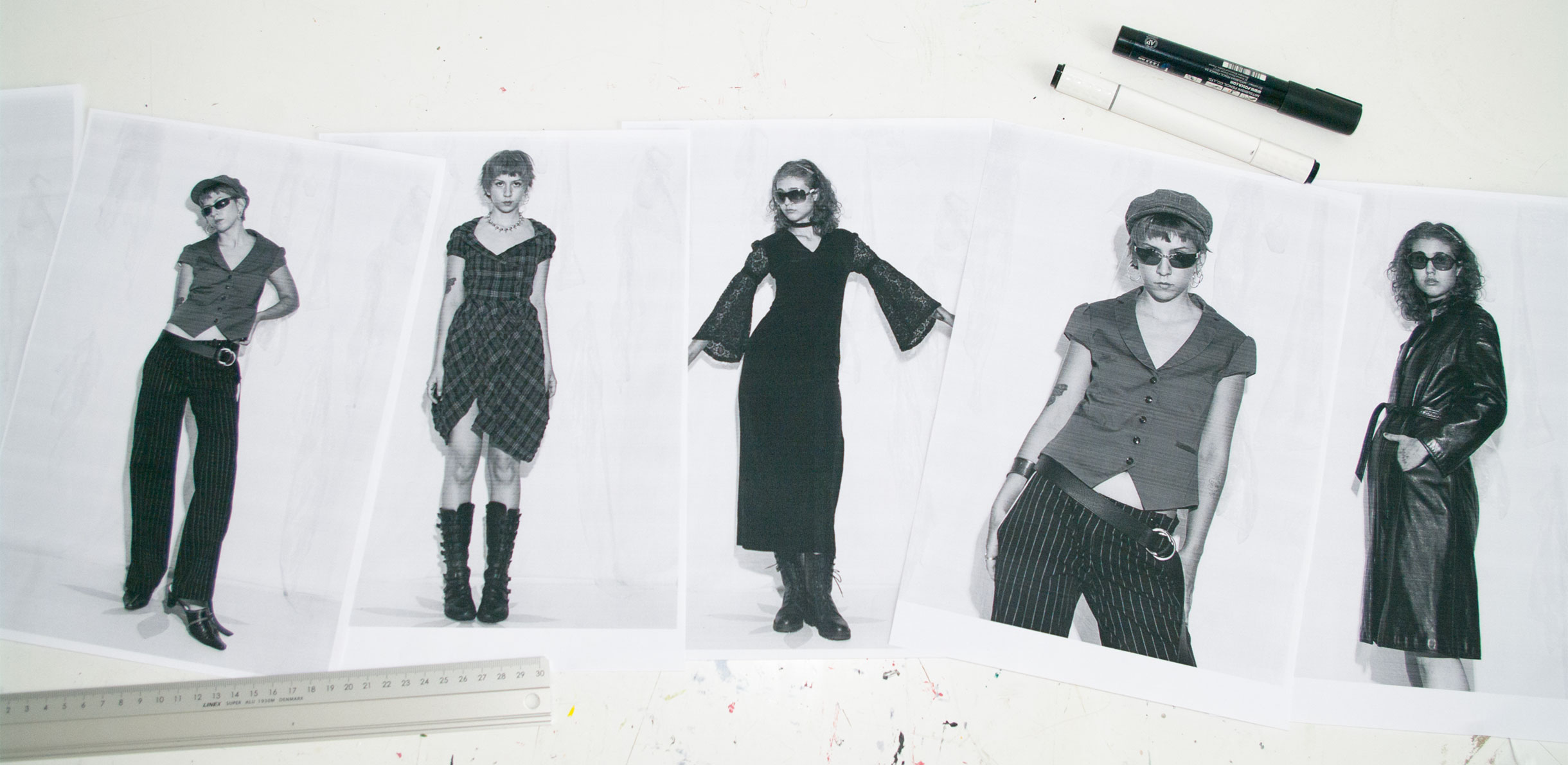 Black-and-white collage of models in vintage office wear, pinstripe trousers, gothic dresses and leather jackets for Pop Sick Vintage's Delusional Department collection.