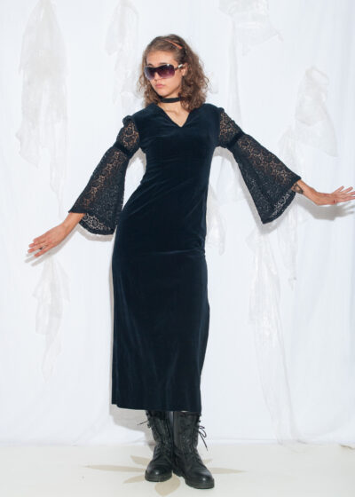 Vintage 70s Black Medieval Bell Sleeve Maxi Dress