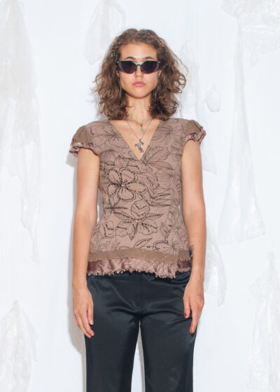 Vintage Y2K Mauve Floral Cotton Wrap Blouse