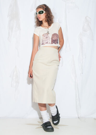Vintage 80s High Waist Beige Midi Skirt
