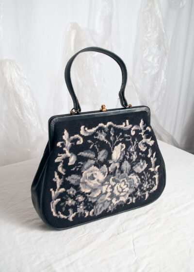 Vintage 60s Black Floral Tapestry Handbag