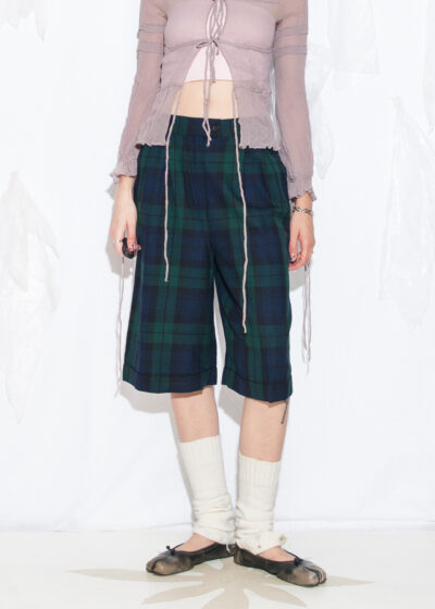 Vintage 90s Green Plaid Grunge Wool Wide-Leg Shorts