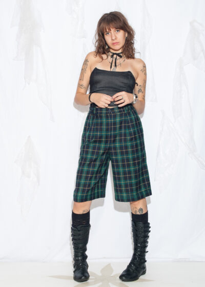 Vintage 90s Green Plaid Wide-Leg Shorts